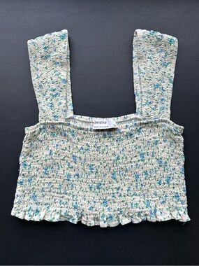 Bershka Cream Stretchy Cropped Tank with Blue & Green Floral Pattern